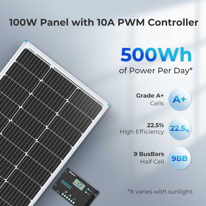 100W 12V Monocrystalline Solar Starter Kit w/Wanderer 10A Charge Controller