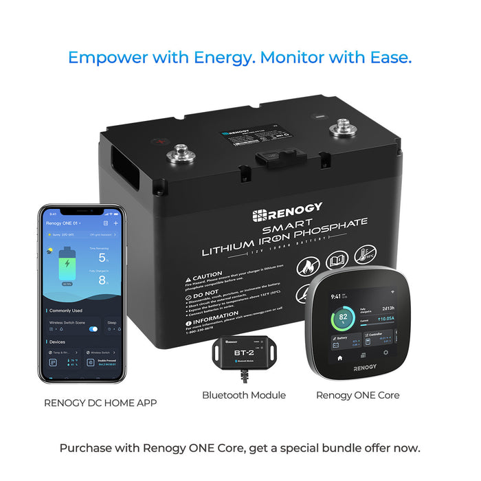 12V 100Ah Smart Lithium Iron Phosphate Battery & BT-2 & Renogy ONE Core