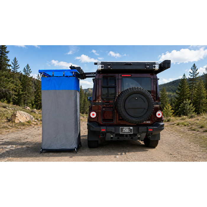 Dirtbox Overland Universal Shower Awning Offset Bracket – Roof Rack & T-Track Extension Mount