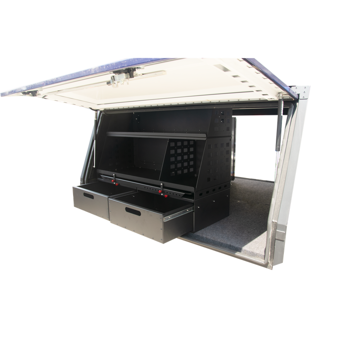 Dirtbox Overland Flatbed Molle Storage Box with Locking Drawers, Camp Table & Cutting Board
