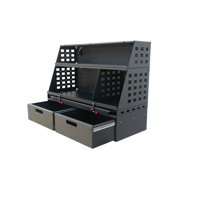 Dirtbox Overland Flatbed Molle Storage Box with Locking Drawers, Camp Table & Cutting Board