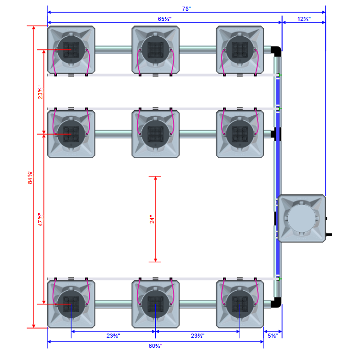 Alien Hydroponics AERO 9 Pot 3 Row Kit