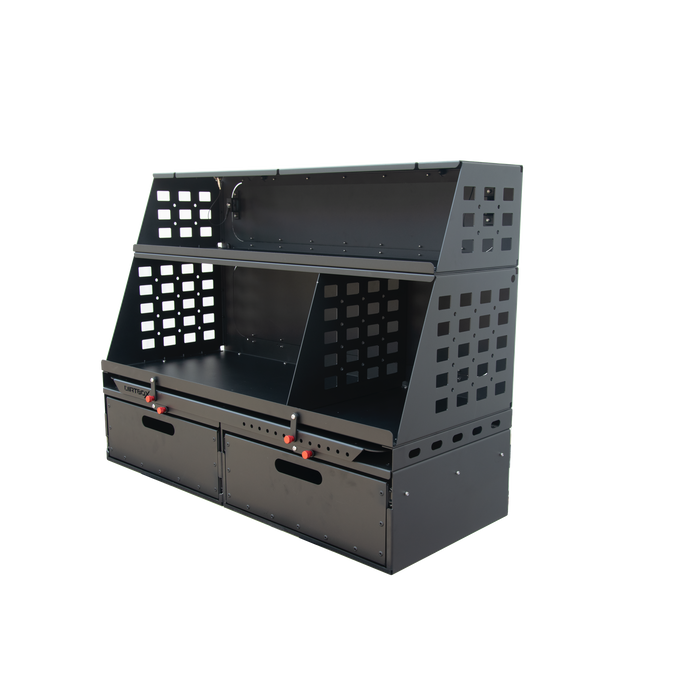 Dirtbox Overland Flatbed Molle Storage Box with Locking Drawers, Camp Table & Cutting Board