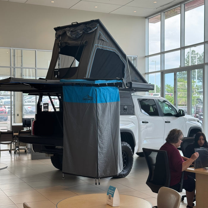 Dirtbox Overland Ultimate Camp Shower Set: Hard Case Shower/Bathroom Awning + 90 Degree Swing Out