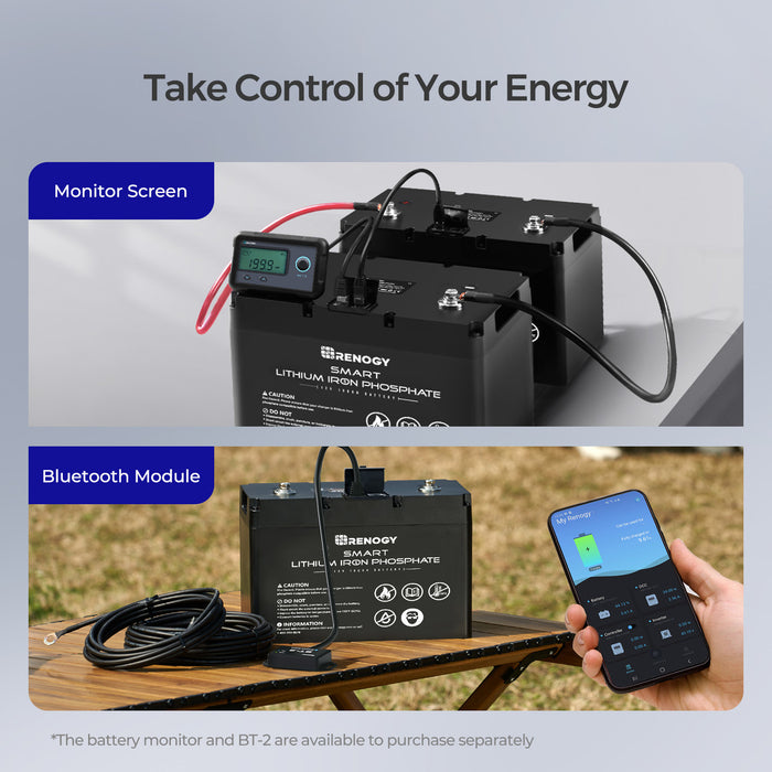 12V 100Ah Smart Lithium Iron Phosphate Battery & BT-2 & Renogy ONE Core