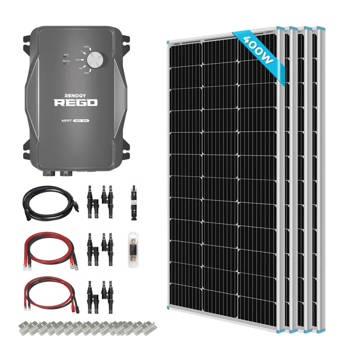 Renogy New 400 Watt 12 Volt Solar Premium Kit W/MPPT or REGO Solar Charge Controller