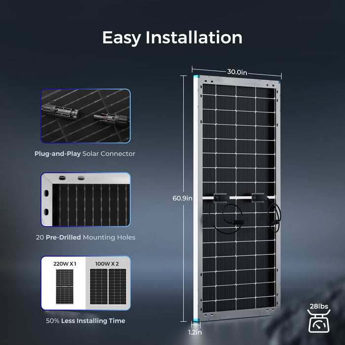 Renogy Bifacial 220 Watt 12 Volt Monocrystalline Solar Panel With RV Tilt Mount Bracket