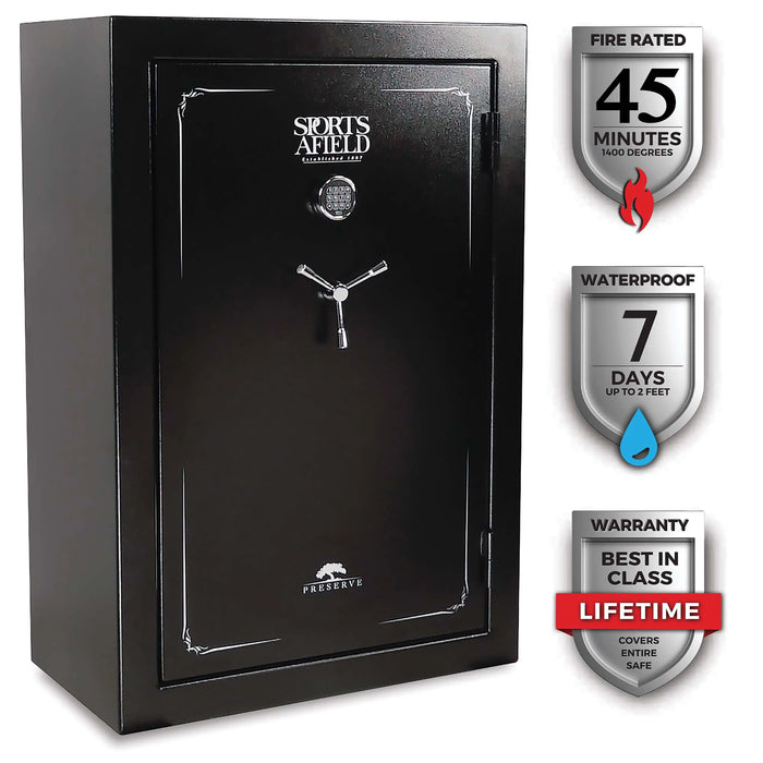 Sports Afield Preserve SA5940P 40-Gun Fire and Waterproof Gun Safe with Electronic Lock, Black Textured Gloss - Ironclad Sentry