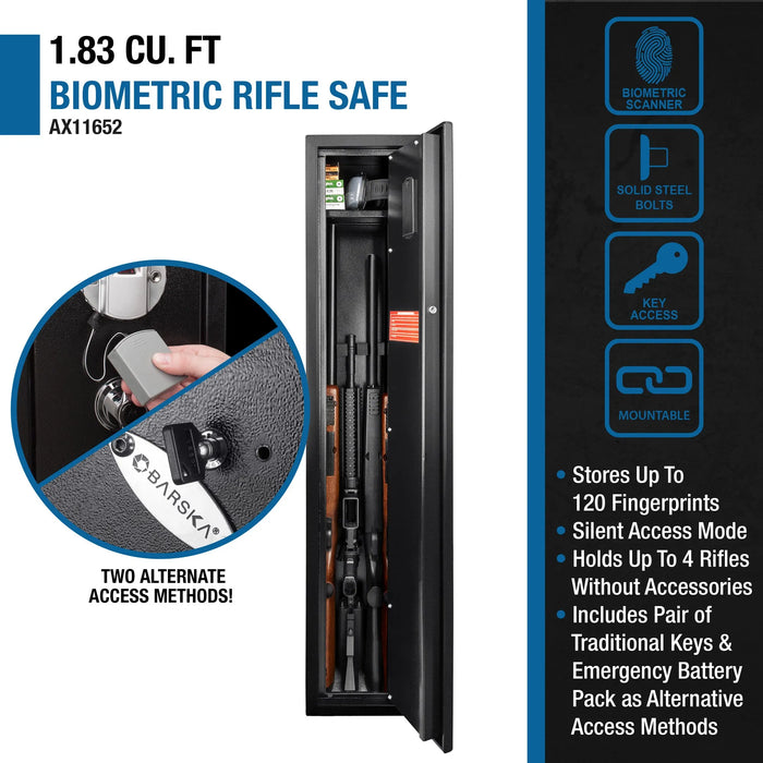 Barska AX11652 1.83 Cu. ft 4 Rifle Capacity Biometric Rifle Safe, Black - Ironclad Sentry