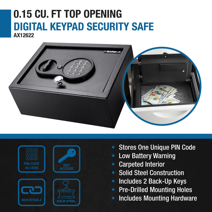 Barska AX12622 0.15 Cu. ft Top Opening Keypad Security Safe, Black - Ironclad Sentry