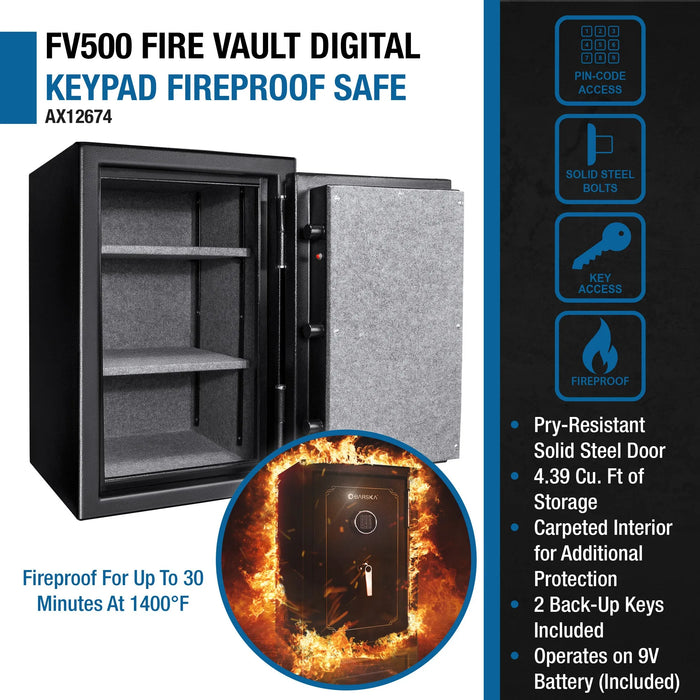 Barska FV500 AX12674 FireVault Fireproof Keypad Security Safe, Black - Ironclad Sentry