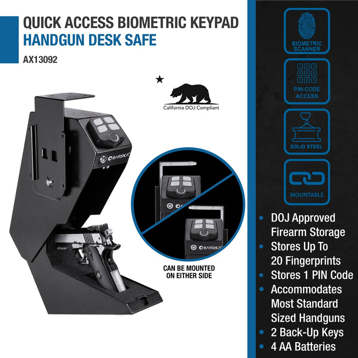 Barska AX13092 Quick Access Biometric Keypad Handgun Desk Safe, Black - Ironclad Sentry