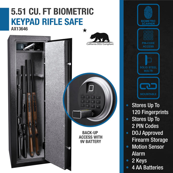 Barska AX13646 5.51 Cu. ft Quick Access Biometric Keypad Rifle Safe, Black - Ironclad Sentry