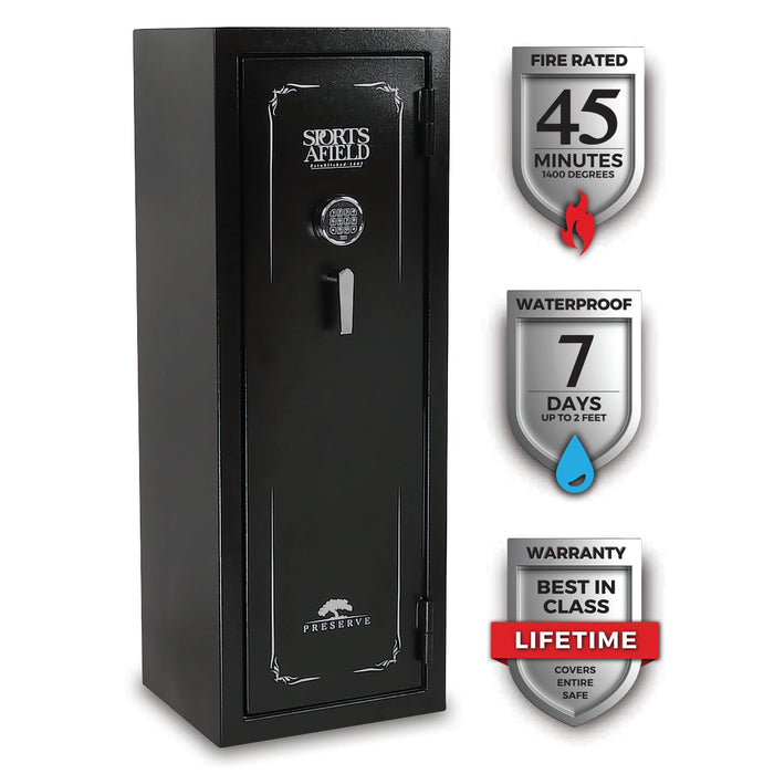 Sports Afield Preserve SA5520PX 18-Gun Fire and Waterproof Gun Safe with Electronic Lock, Black Textured Gloss - Ironclad Sentry