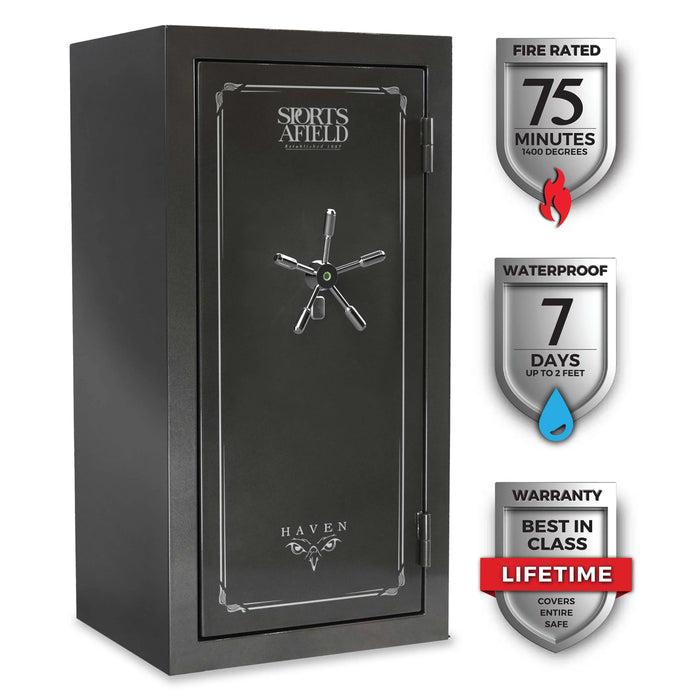 Sports Afield Haven SA5930HX-BIO 36-Gun Fire and Waterproof Electronic Lock Gun Safe, Metal Gray Gloss Metallic Finish - Ironclad Sentry