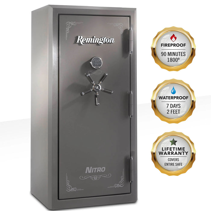 Remington Nitro SAR6526 Nitro 26-Gun Fireproof and Waterproof Gun Safe with Electronic Lock, Seltzer Gray Gloss - Ironclad Sentry